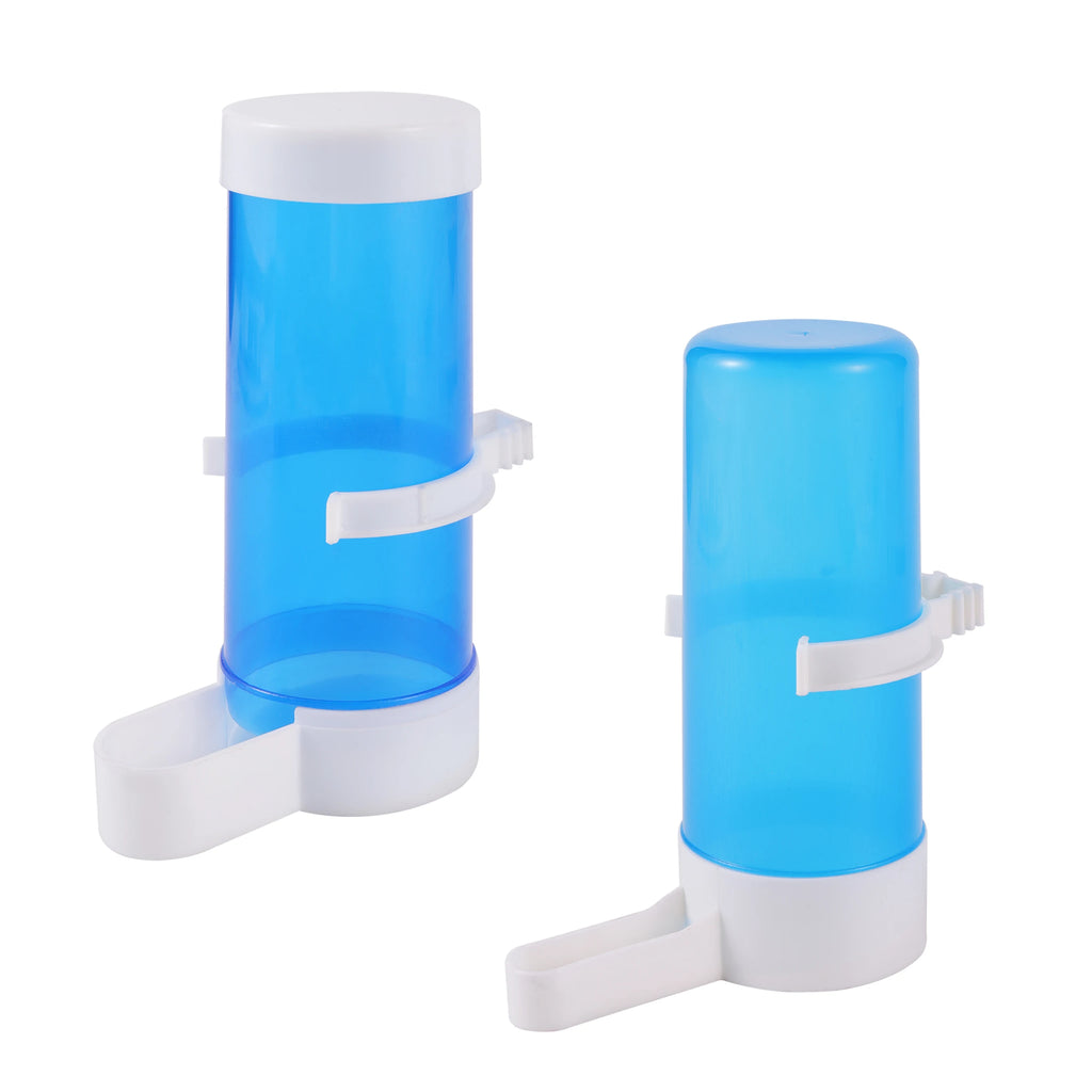 Two blue and white plastic bird water dispensers with cylindrical tanks and attached drinking trays.