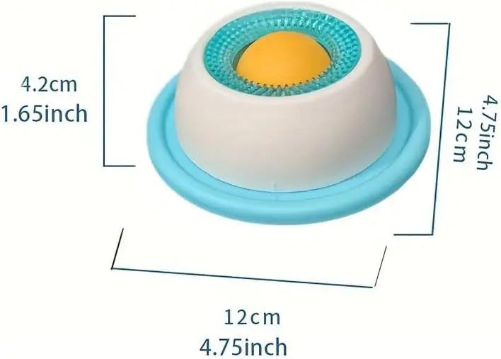 White and blue dome-shaped pet toy with a central yellow ball and measurement labels.