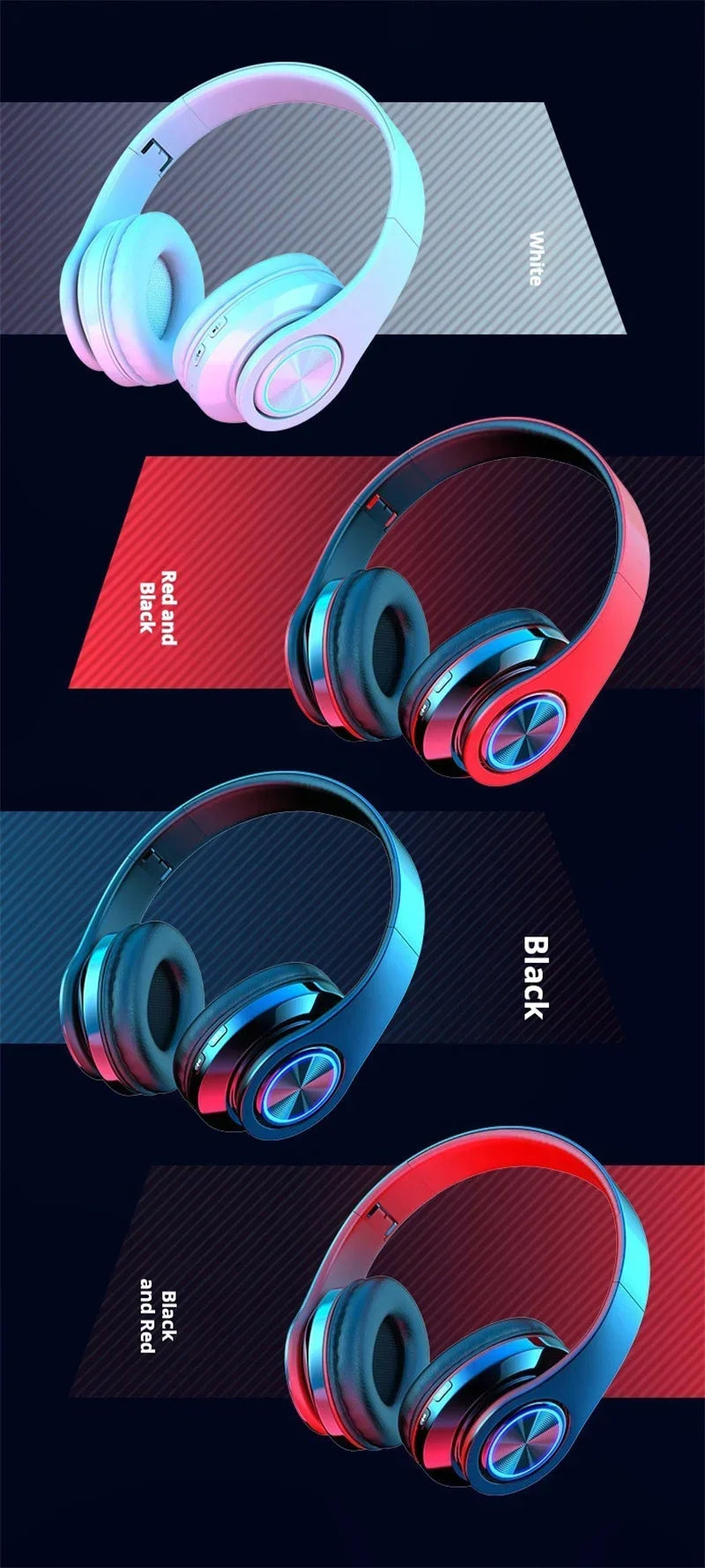 Wireless gaming headsets with over-ear cushions and built-in microphone, available in white, black, and red colourways.