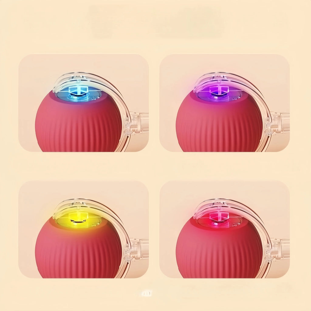 Four squares showing a ribbed pink interactive dog ball toy with glowing blue, purple, yellow, and red light settings.