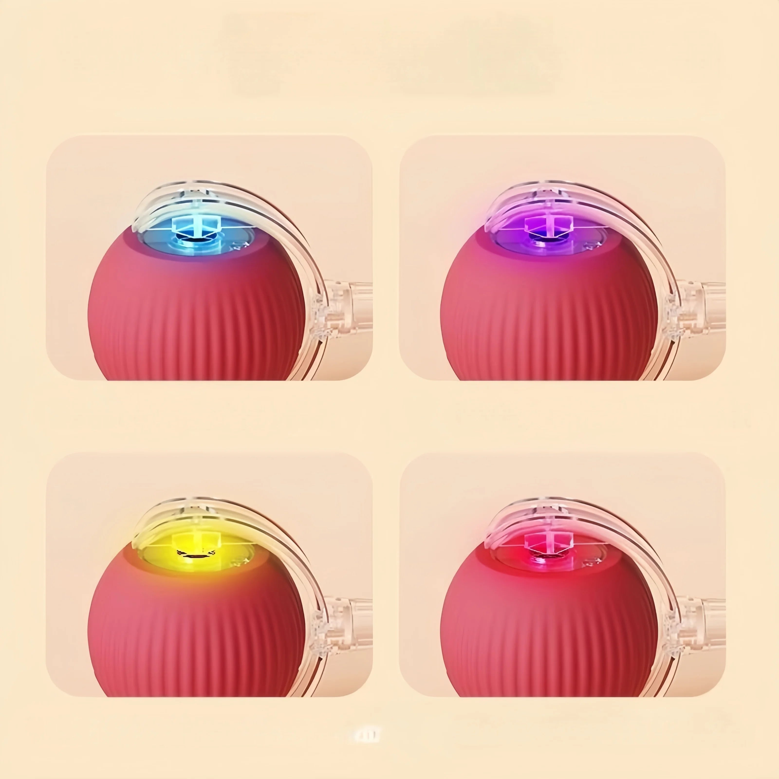 Four squares showing a ribbed pink interactive dog ball toy with glowing blue, purple, yellow, and red light settings.