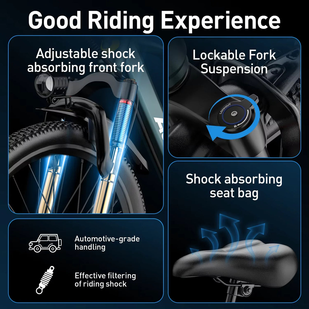 Aairsk GT300 e-bike showing adjustable suspension fork, lockable fork control, and shock-absorbing seat.