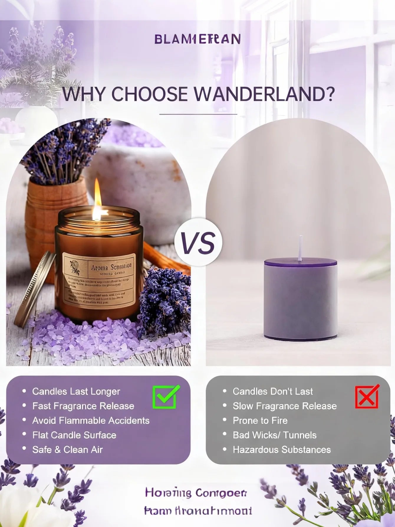 Comparison graphic showing an amber jar candle with lavender versus a plain purple pillar candle.