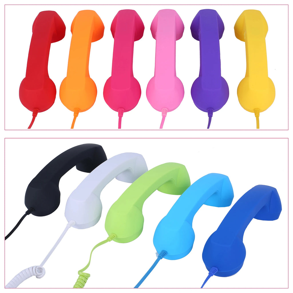 A collection of retro-style telephone handsets in various bright, solid colours, each with a matching coiled cord.