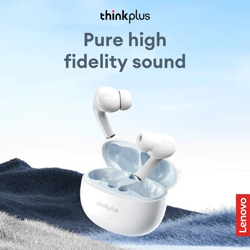 Glossy white wireless earbuds with in-ear tips, displayed with their open charging case against a blue sky background.