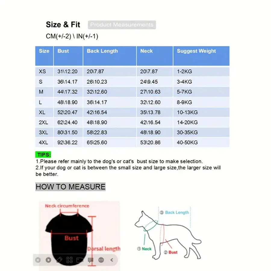 Sizing chart for adjustable waterproof dog raincoat, including measurements for bust, back length, and neck size.