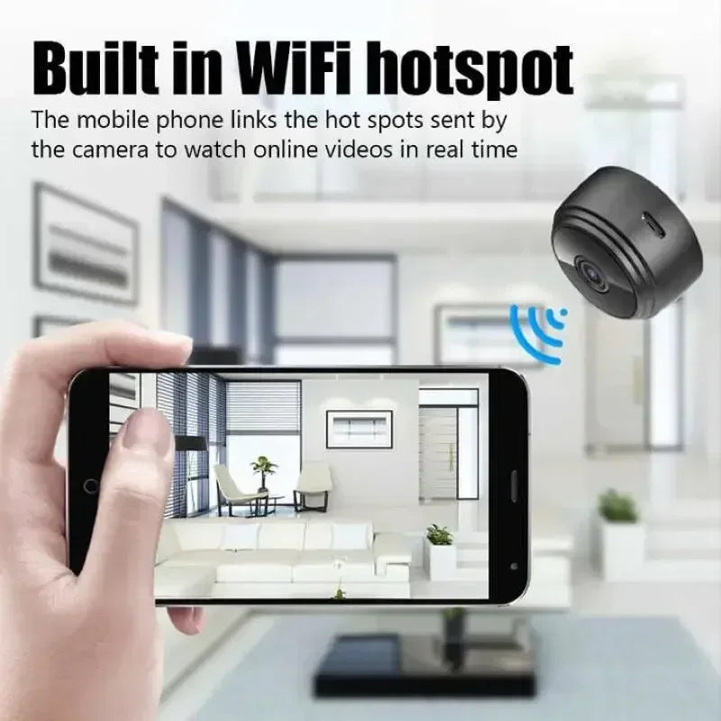 Small, round, black plastic Wi-Fi security camera streaming real-time video to a mobile phone.