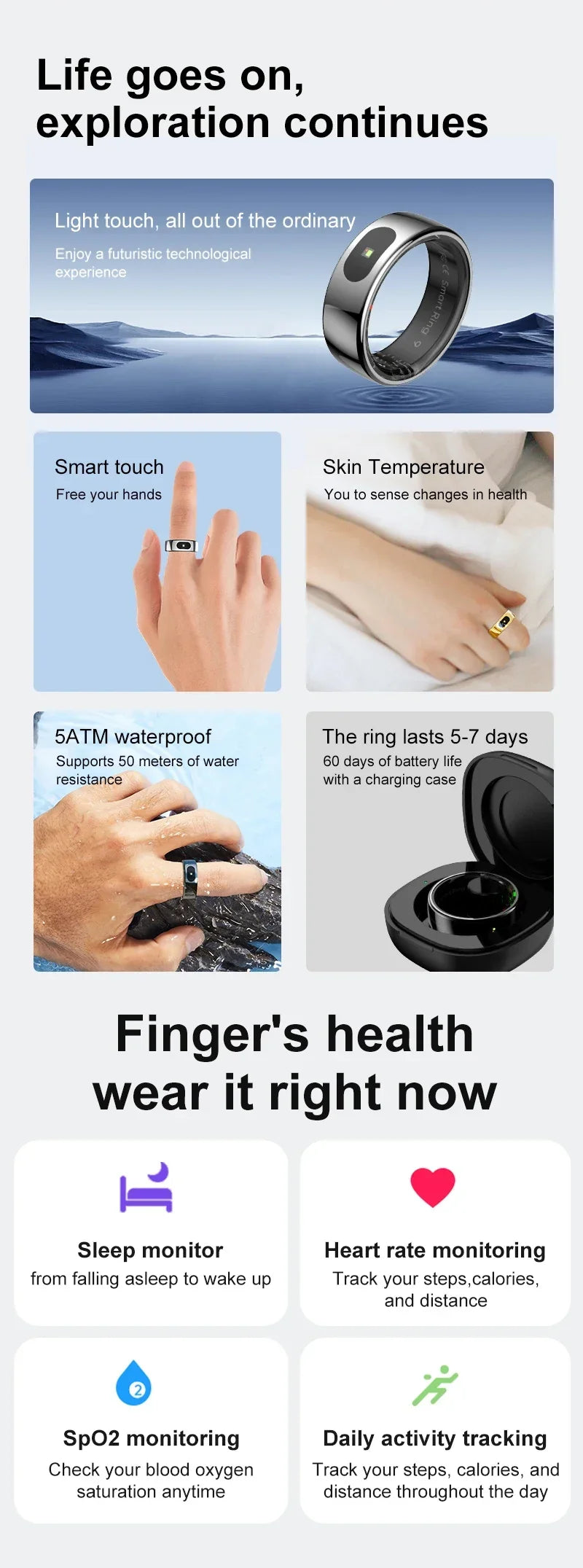 Sleek, metallic smart health ring featuring touch control, water resistance, health tracking, and a charging case.