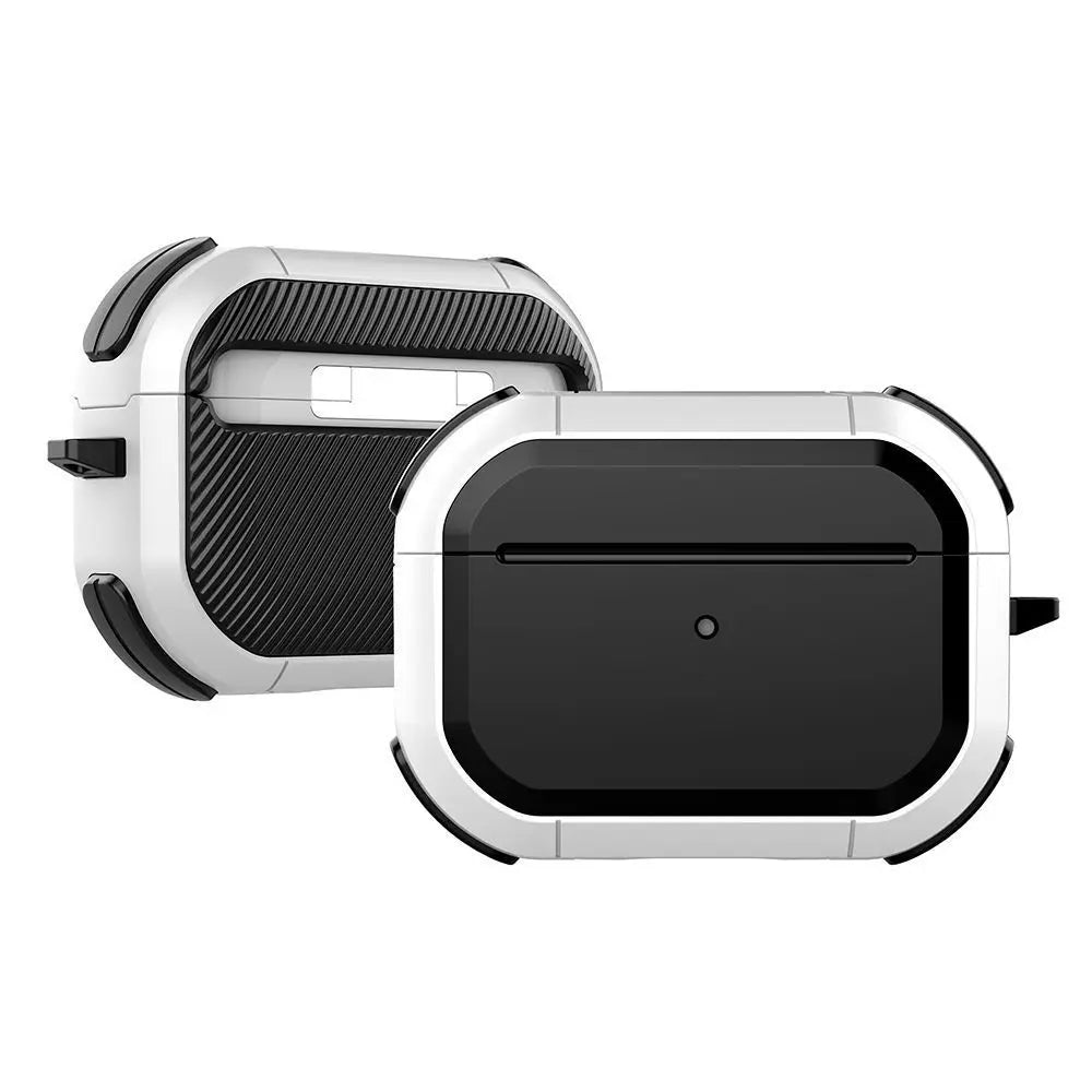 Rugged black and white protective case for AirPods Pro, featuring a durable, shockproof design.