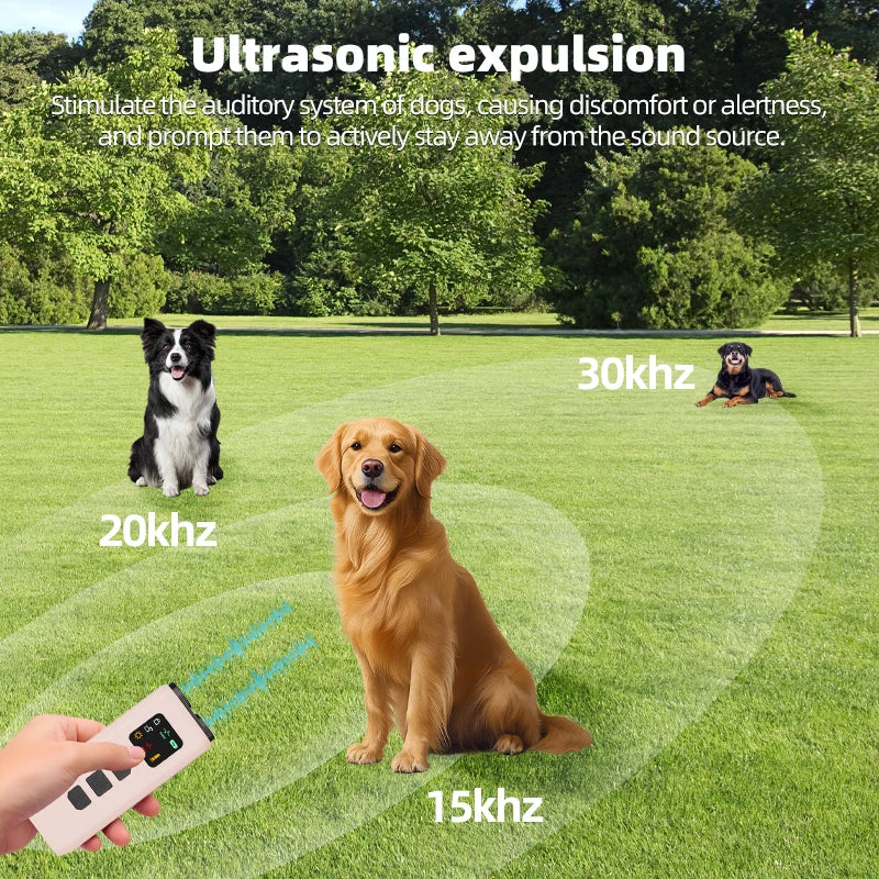 Handheld beige dog deterrent device with LED strobe and ultrasonic control buttons, held in a person's hand on a field.