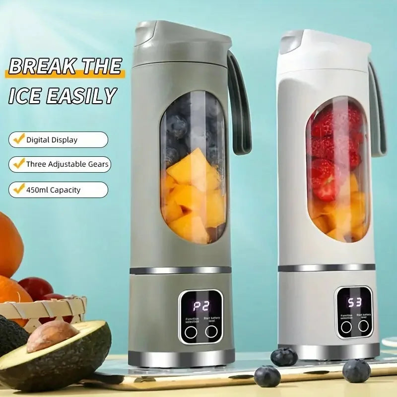 Two portable 450ml blenders in sage green and white with clear display windows, digital settings, and carrying handles.