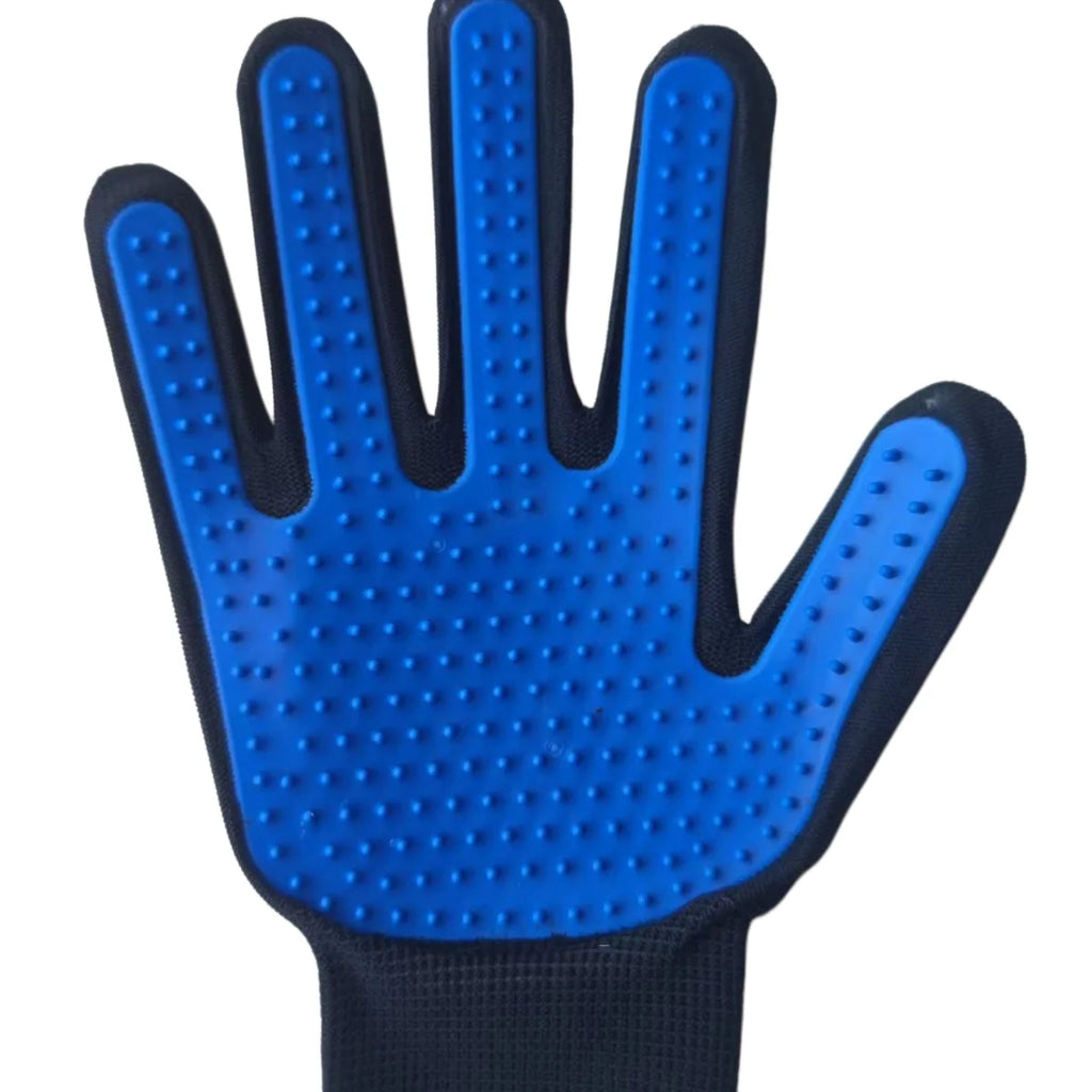 Blue pet grooming glove with a black fabric wristband and rubber palm spikes for brushing fur.