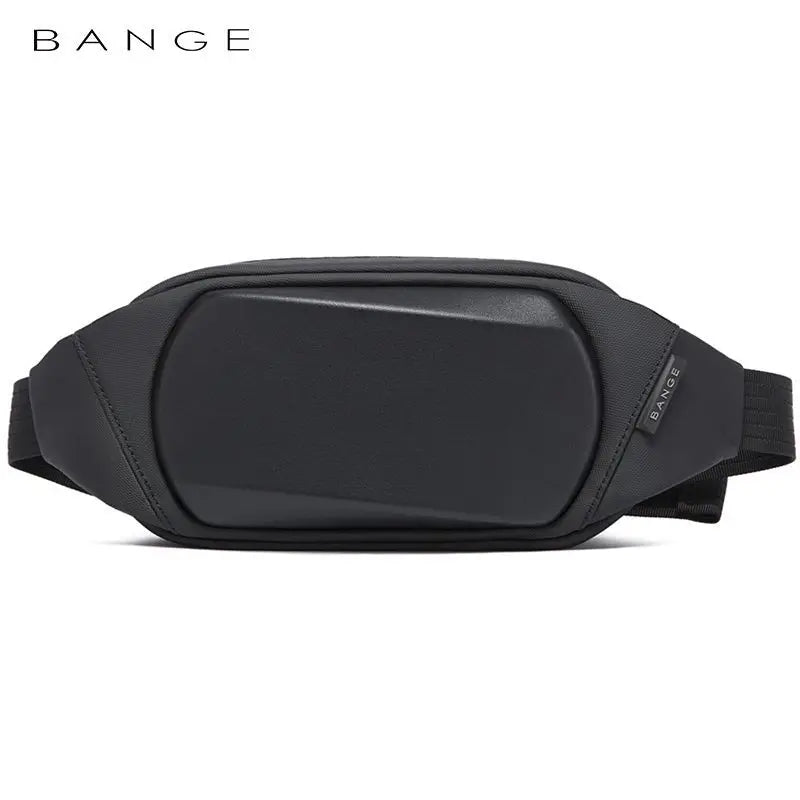 Black waterproof chest bag with a sleek, structured hard-shell front and adjustable strap.
