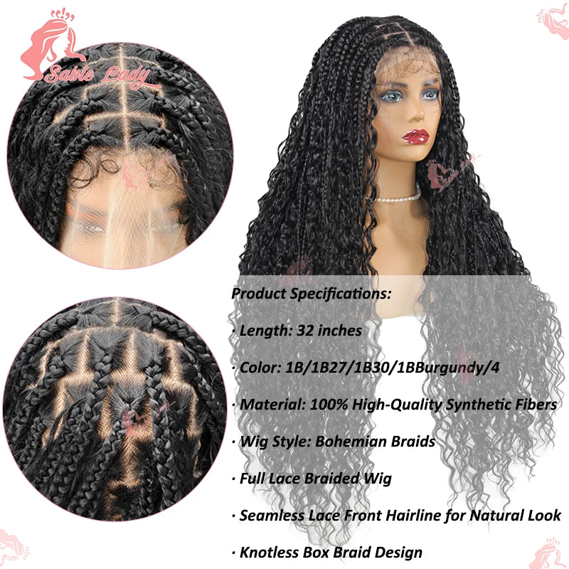 32" black knotless box braid full lace wig with curly bohemian ends and realistic hairline.