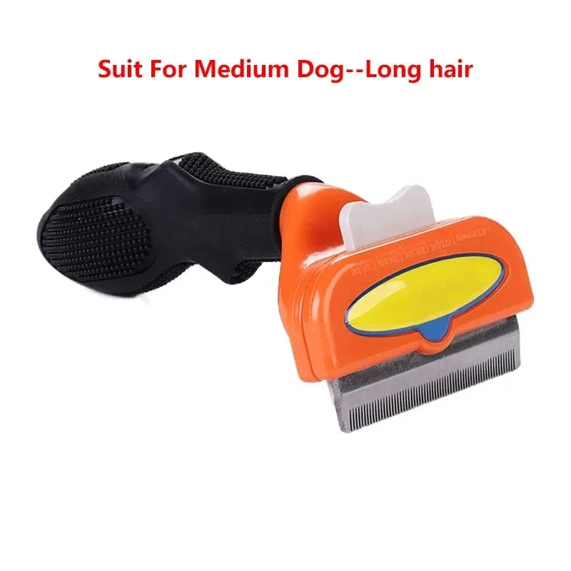 Orange and black pet de-shedding brush with a metal comb and ejector button for long-haired medium dogs.