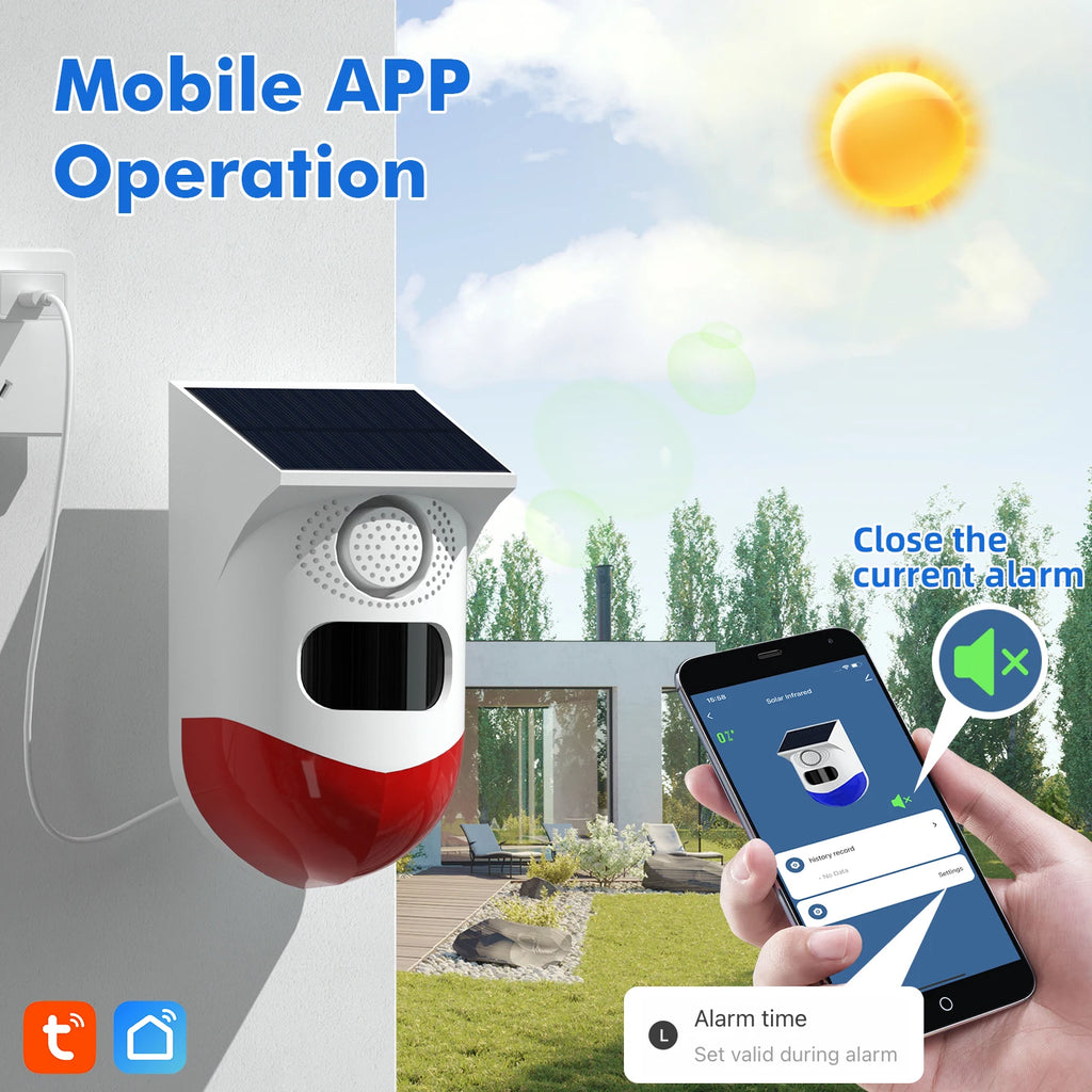 White and red wireless solar security alarm mounted on a wall, shown being controlled via a mobile app on a smartphone.
