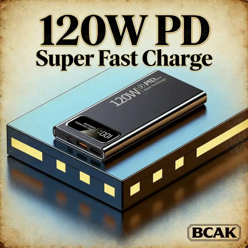 Sleek black 20000mAh portable power bank with 120W fast charging and a digital percentage display.