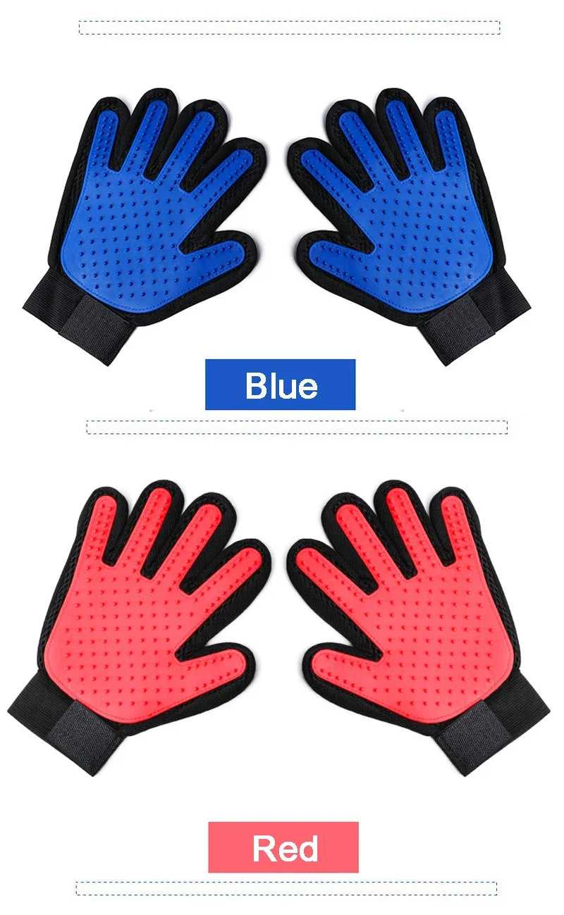 Pairs of blue and red pet grooming gloves with rubber massage bristles and adjustable wrist straps.