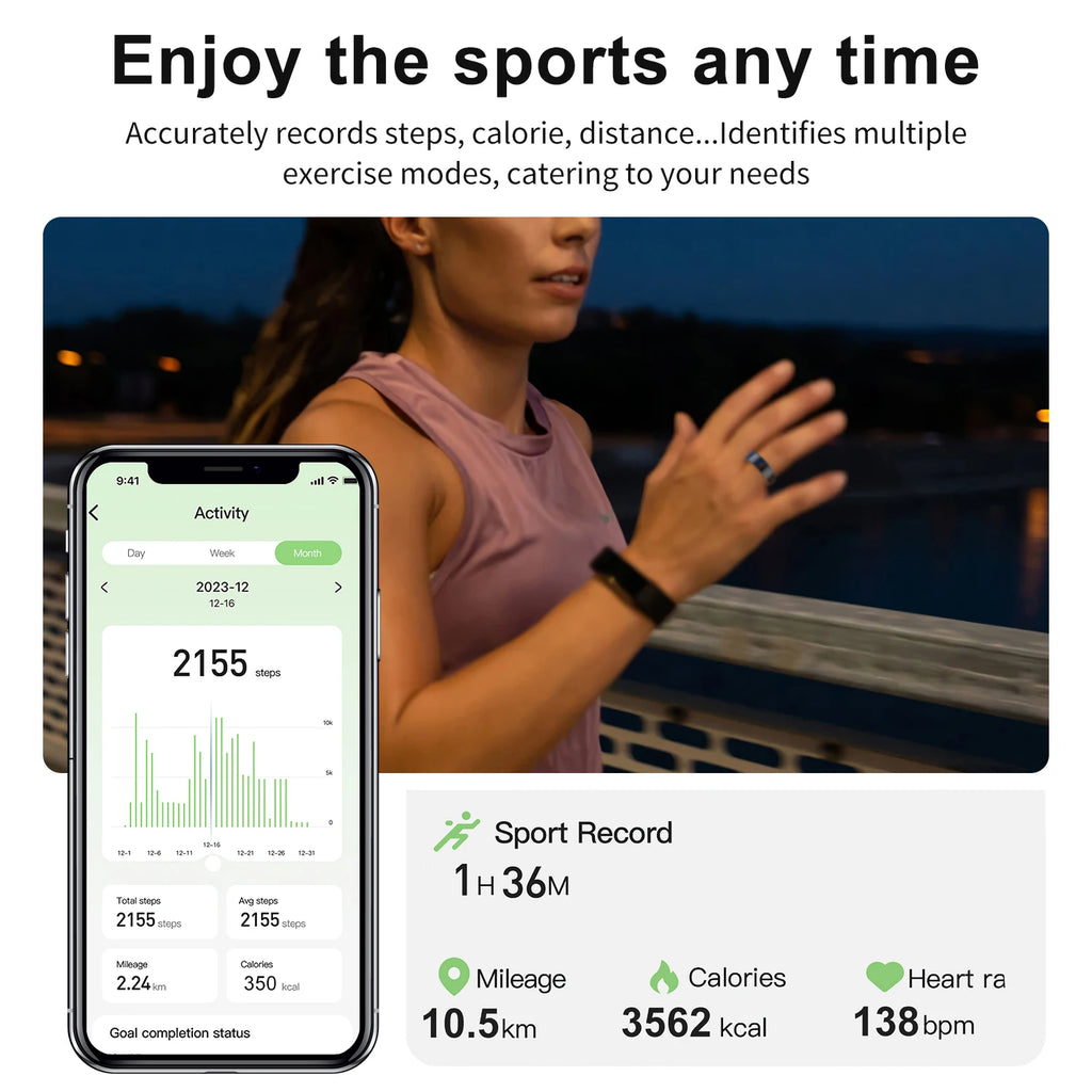 A runner wears a sleek, dark smart health tracking ring, with a phone app displaying fitness and heart rate data.