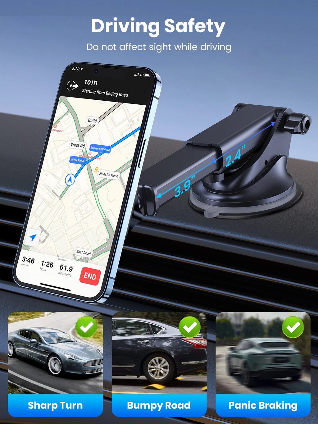 Black adjustable car phone mount with a suction base, holding a smartphone displaying a navigation map.