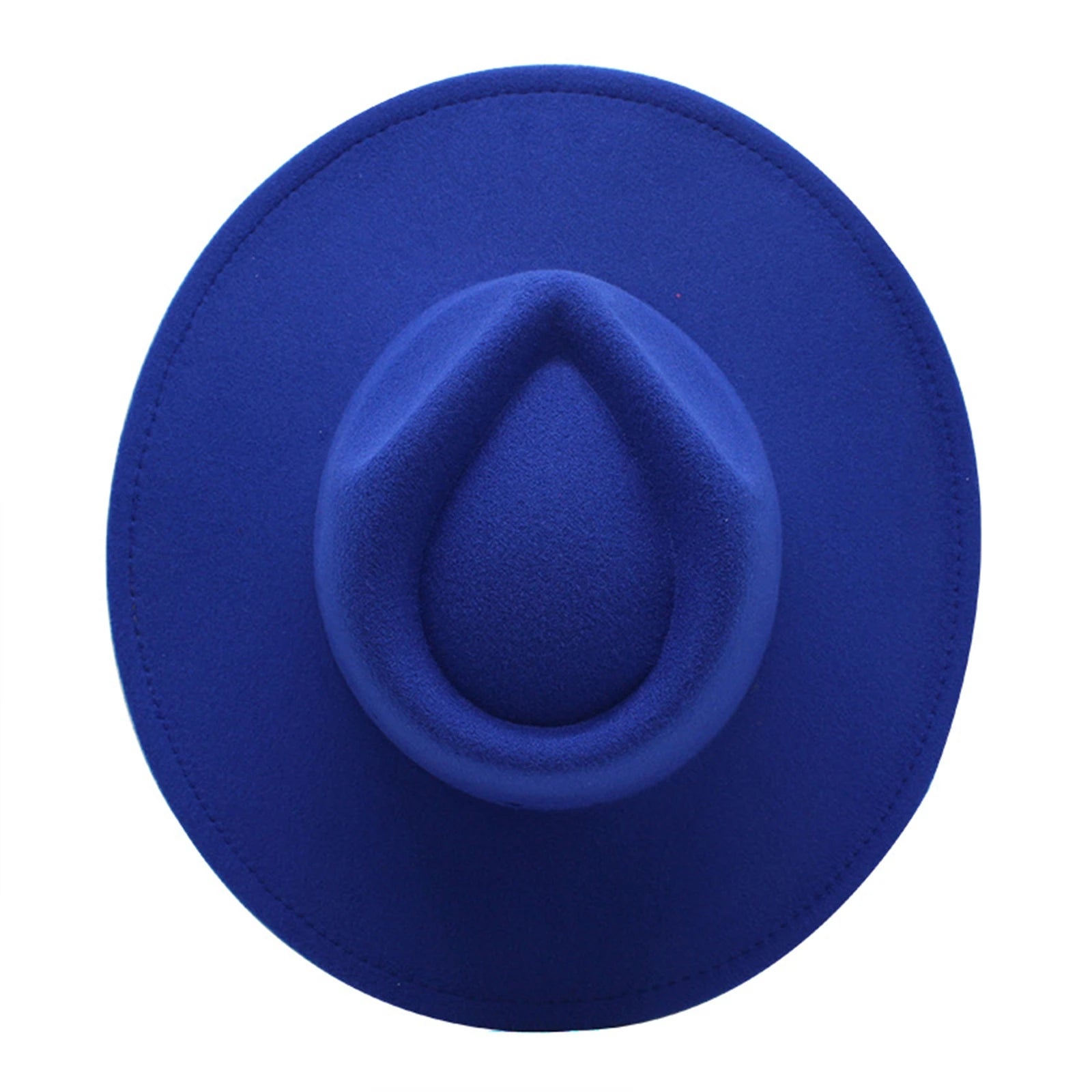 Top-down view of a vibrant royal blue felt fedora hat with a wide brim and a teardrop-shaped crown.