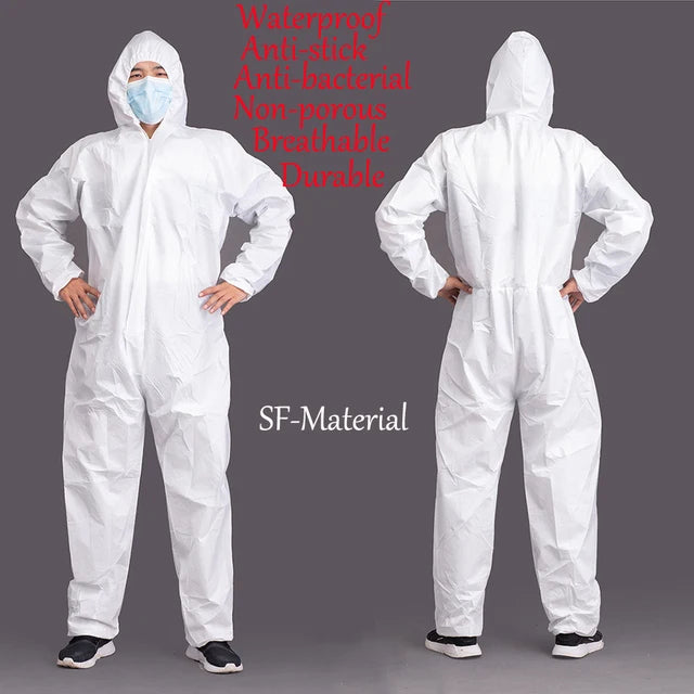 White full-body protective coverall with hood, shown from front and back views against a gray background.