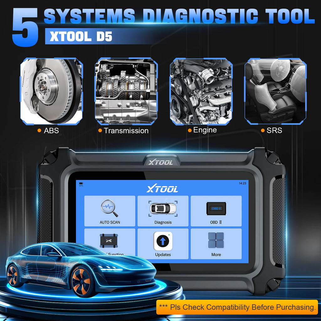 XTOOL D5 OBD2 handheld car diagnostic scanner with black casing and bright blue touchscreen interface.