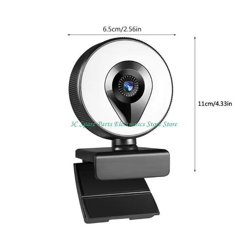 Black plastic webcam with integrated ring light and adjustable mounting clip, shown with height and width dimensions.