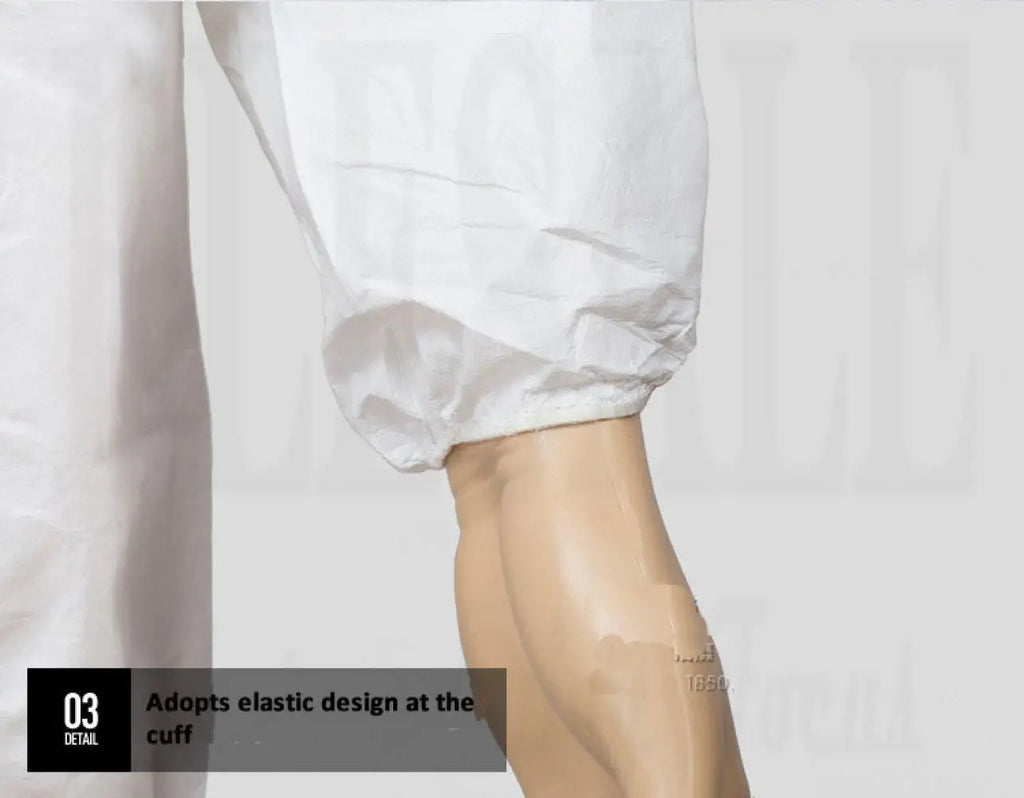 Close-up of a white protective coverall sleeve featuring a flexible, elastic cuff worn on a mannequin arm.