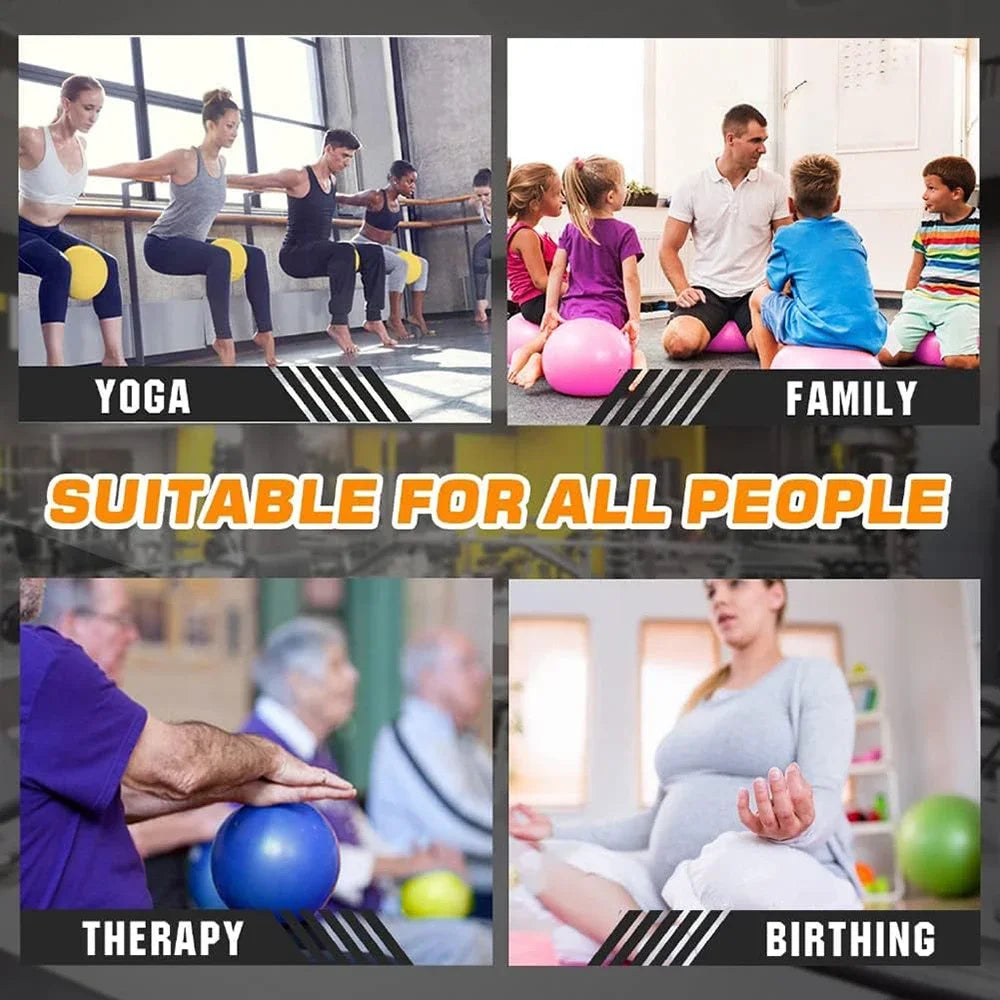 A four-panel collage showing colourful small Pilates or yoga exercise balls being used for fitness, therapy, and birth.