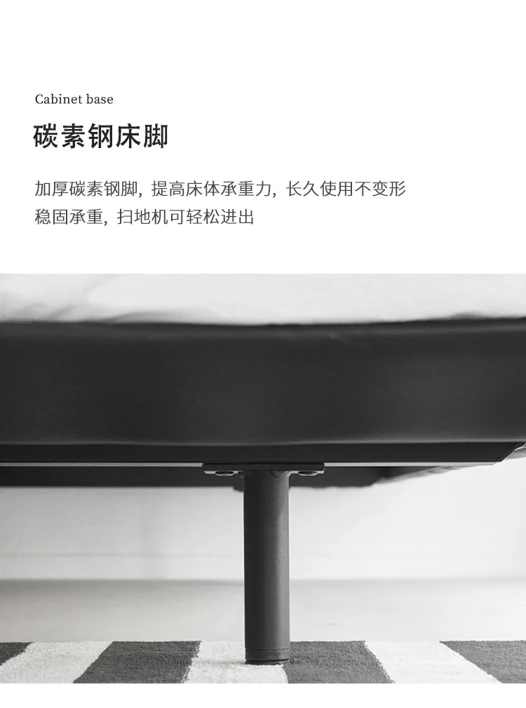 Close-up of a modern upholstered bed frame featuring a sturdy, black cylindrical steel leg.
