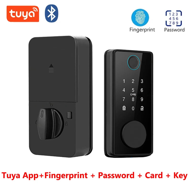 Black smart door lock with digital keypad, fingerprint scanner, and manual deadbolt knob. Supports app control.