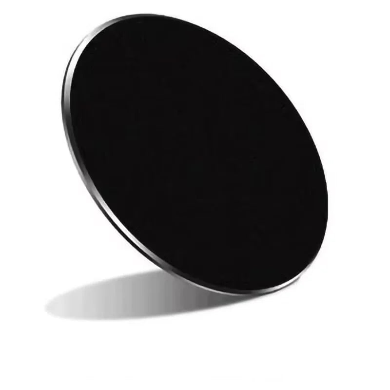 Sleek, round black wireless charging pad with a minimalist design and a metallic silver rim on a white background.