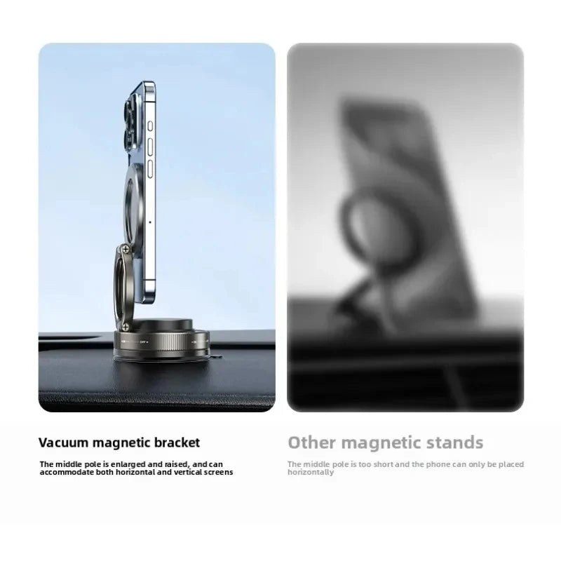 A silver, adjustable magnetic phone stand with a raised pole holding a smartphone vertically on a flat base.