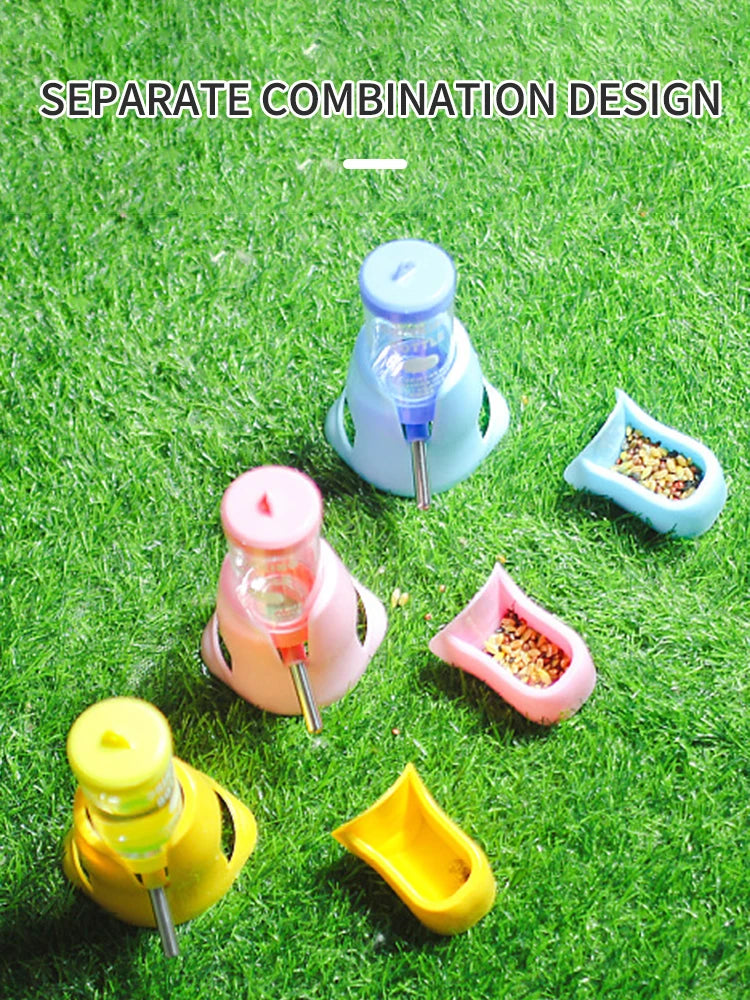 Small pet water dispensers and food bowls in blue, pink, and yellow, designed for modular use on green grass.