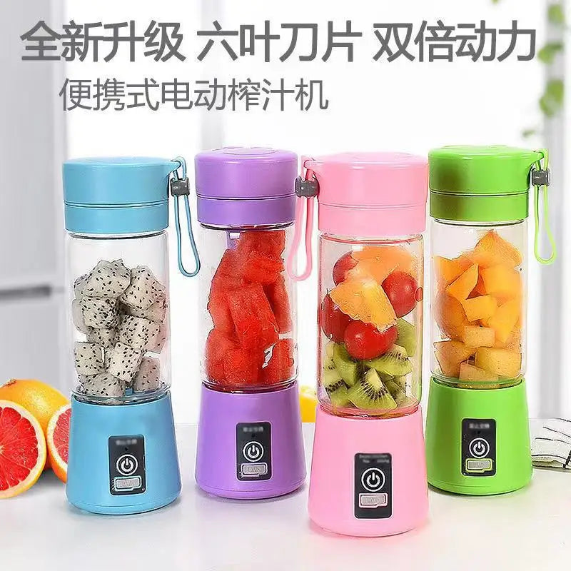 Four portable, cylindrical electric blenders in blue, purple, pink, and green, each filled with chopped fruit.
