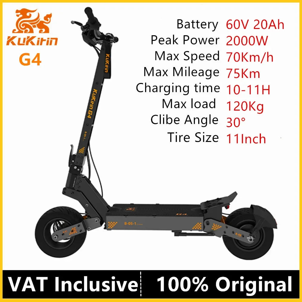 KuKirin G4 electric scooter in black with orange accents, featuring large off-road tires and wide deck.