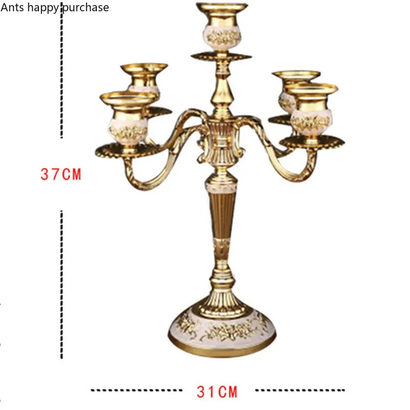 Gold and ivory European-style candelabra with five candle holders, ornate metalwork, and a 37cm height.