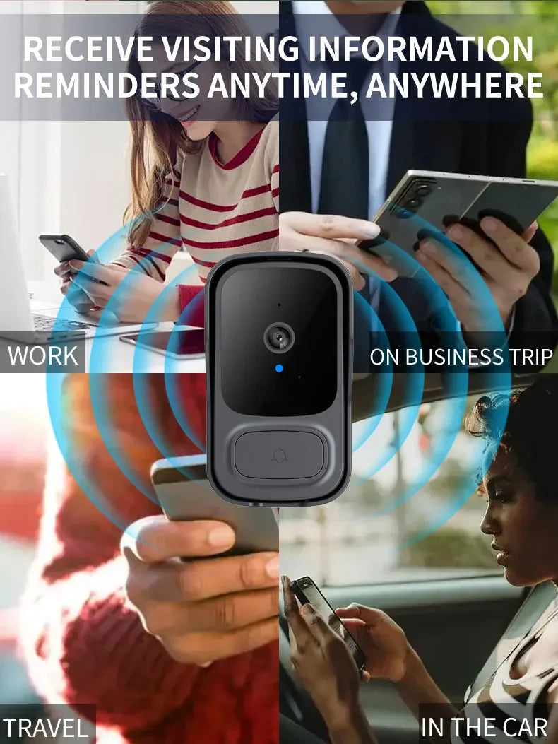 Black, rectangular wireless video doorbell with a central camera lens and button, shown connecting to mobile devices.
