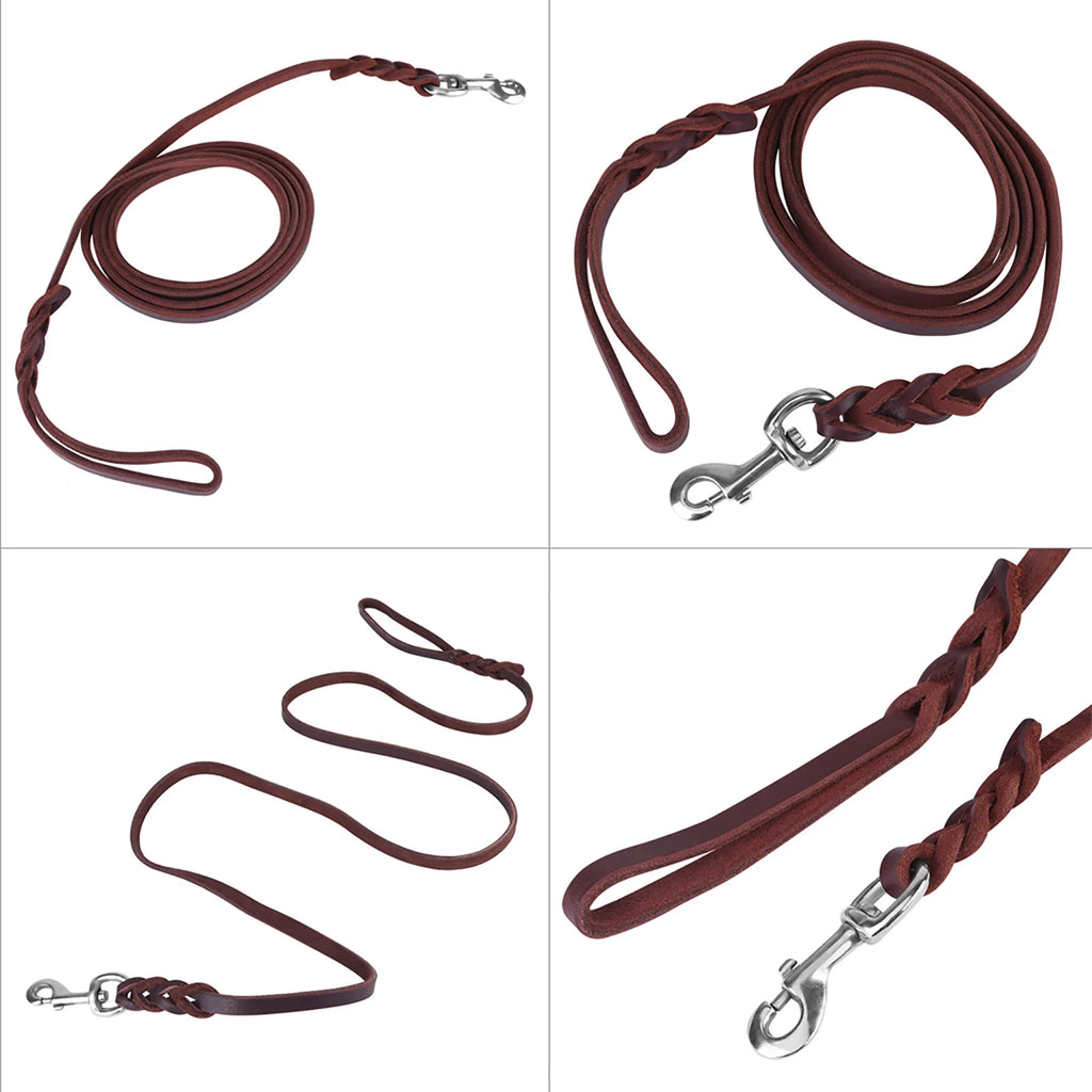 Dark brown braided leather dog lead with silver metal clip and loop handle, shown from multiple angles.