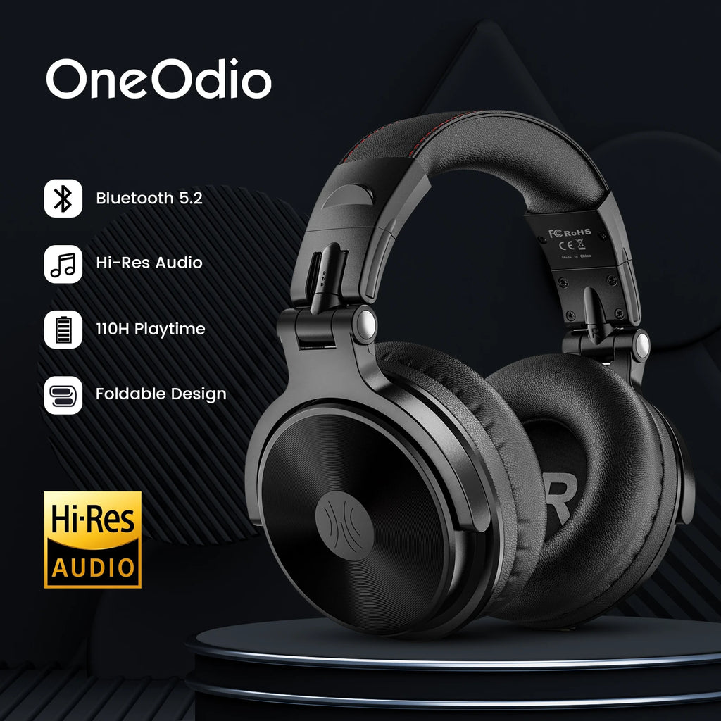 Black wireless over-ear headphones with cushioned pads, a foldable design, and 110-hour battery life.