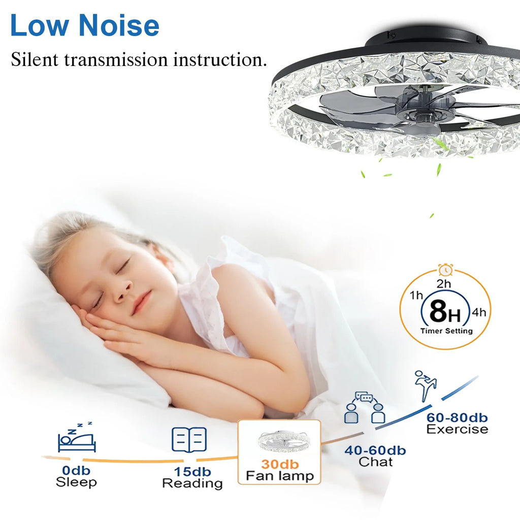 Black 18.9-inch flush mount LED ceiling fan with a decorative crystal-effect rim, highlighting quiet operation.