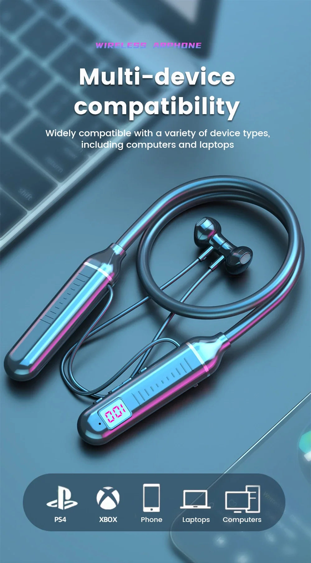 Sleek iridescent wireless neckband earphones with a digital LED battery display, shown on a laptop background.