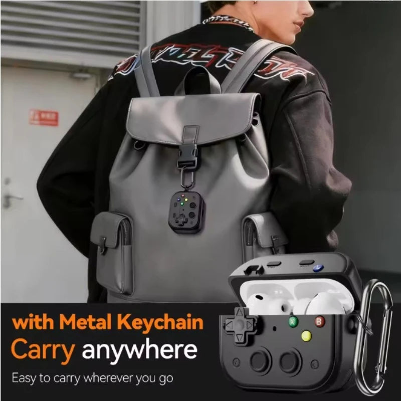 Black gaming controller-style silicone AirPods Pro case with a metal carabiner keychain attached to a backpack.