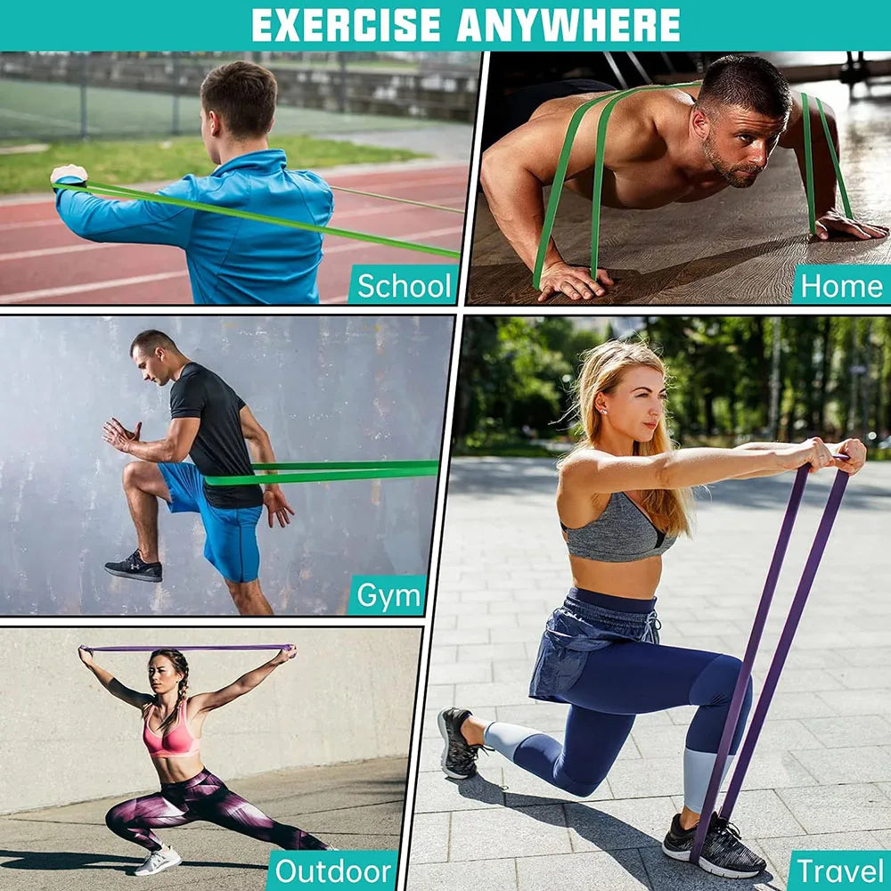 People using green and purple resistance bands for various exercises in outdoor, home, and gym settings.