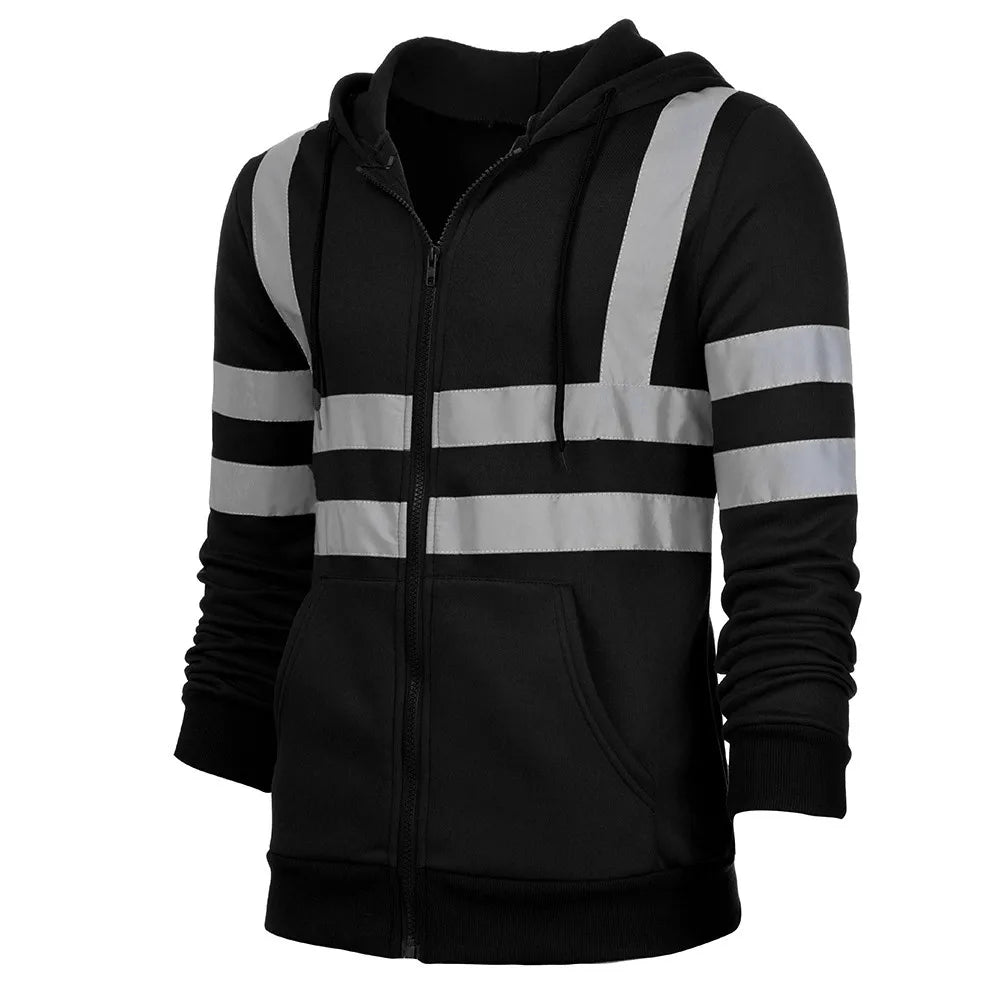 Black thermal zip-up hoodie featuring reflective silver strips across the chest and shoulders with a drawstring hood.
