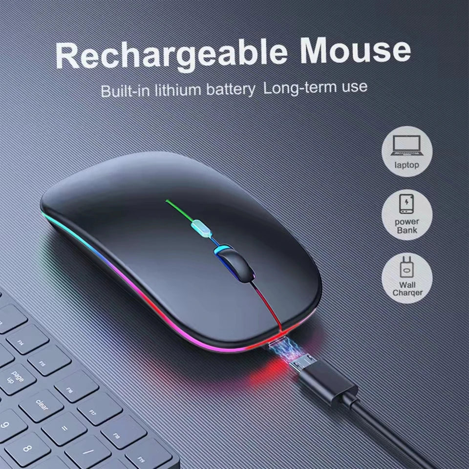 Sleek, black wireless rechargeable mouse with vibrant RGB lighting, ergonomic profile, and USB charging cable.