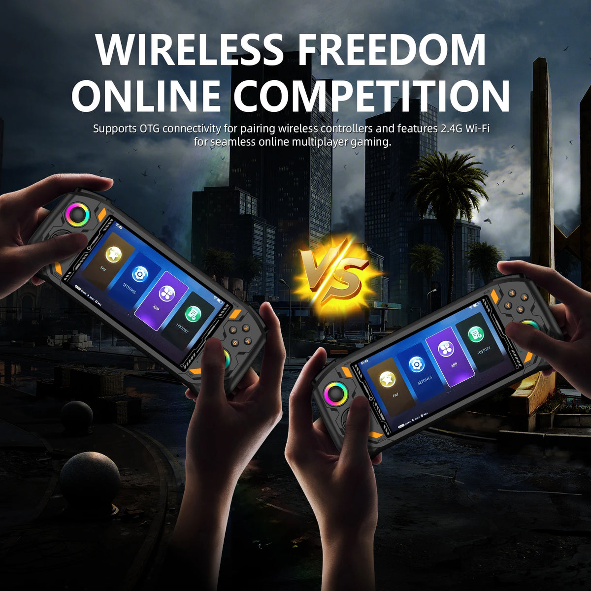 Two grey handheld game consoles with colorful glowing joysticks and bright screens held against a city background.