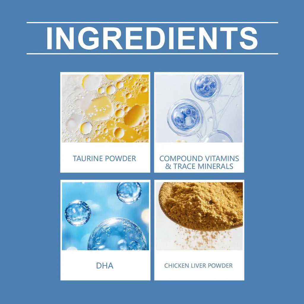 Infographic displaying pet supplement ingredients: taurine, vitamins, minerals, DHA, and chicken liver powder.