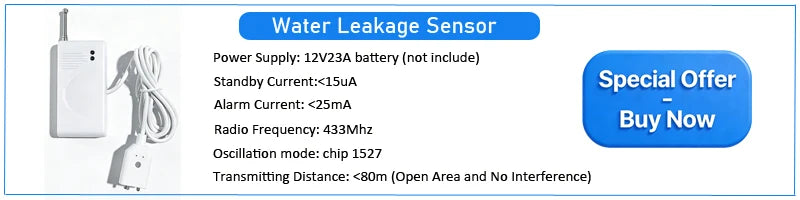 White wireless water leakage sensor with antenna and cable, plus product specifications and a 'Special Offer' button.